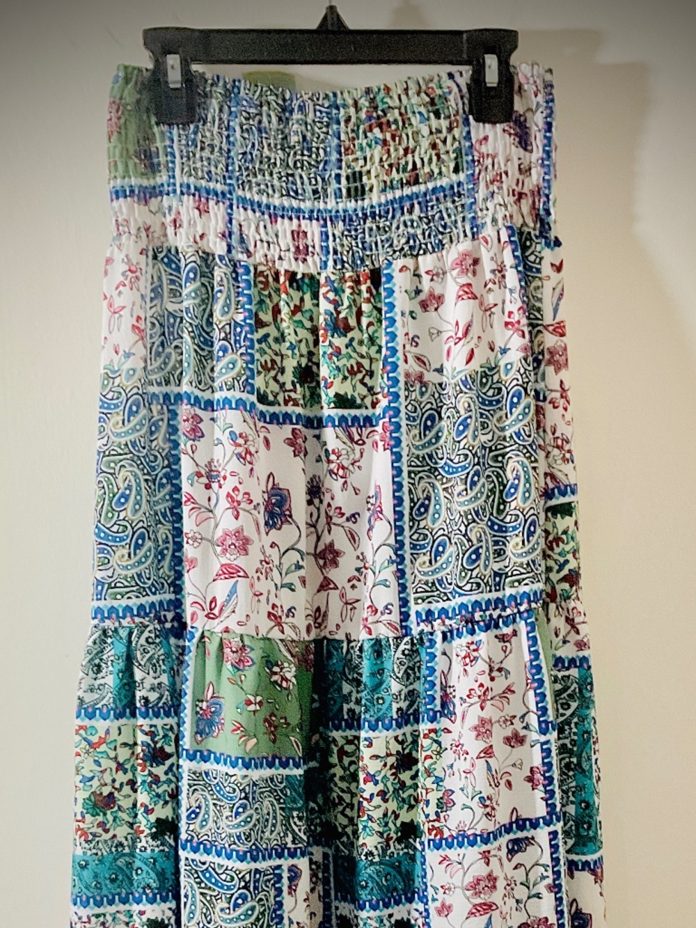 New Women's Maxi Skirt Prairie Stretch Waist Tiered Ruffle Green Patchwork Small